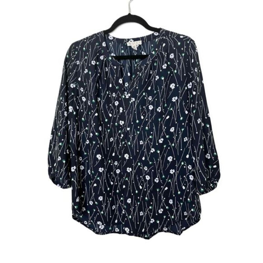 Lila Rose Blouse Womens Size Medium Navy Floral Long Sleeve Dress Shirt